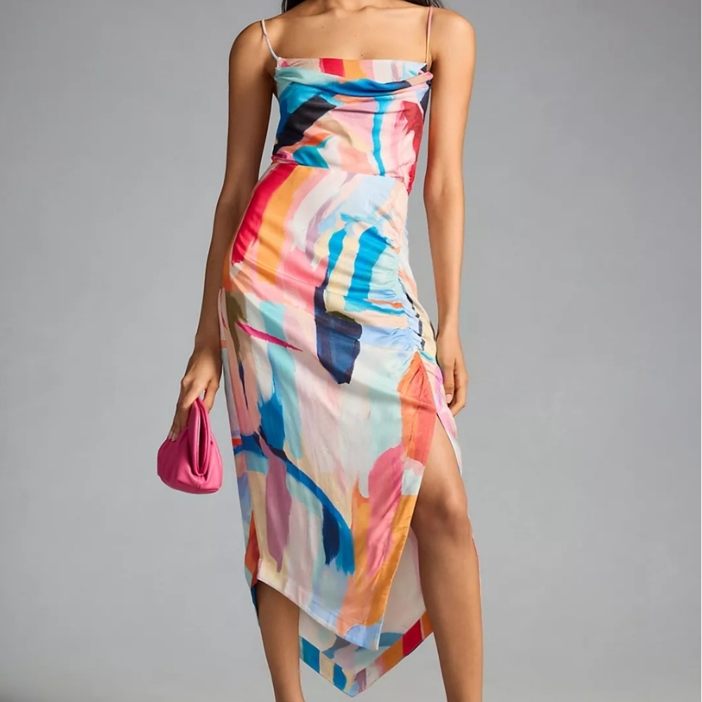 By Anthropologie Square Cowl-Neck Ruched Side-Slit Slip Dress Size 8